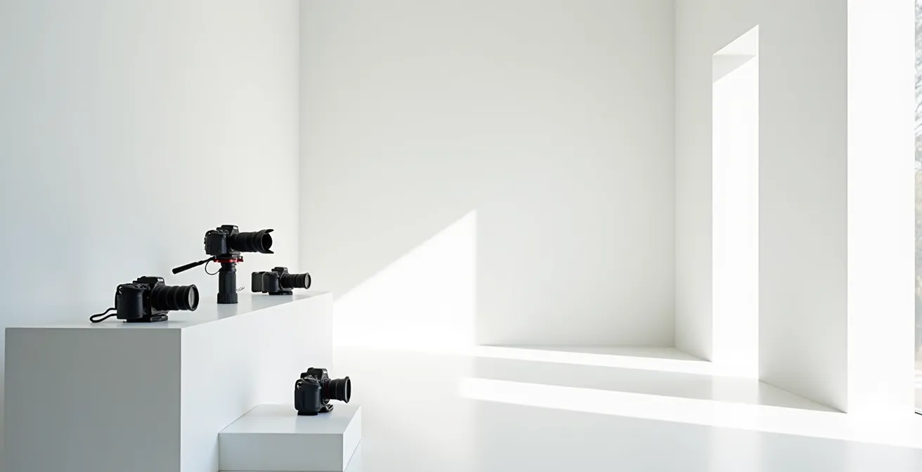 Espace de production vidéo épuré avec équipement professionnel en arrière-plan