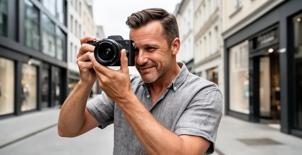 Créateur de contenu filmant une scène urbaine avec un appareil photo hybride professionnel