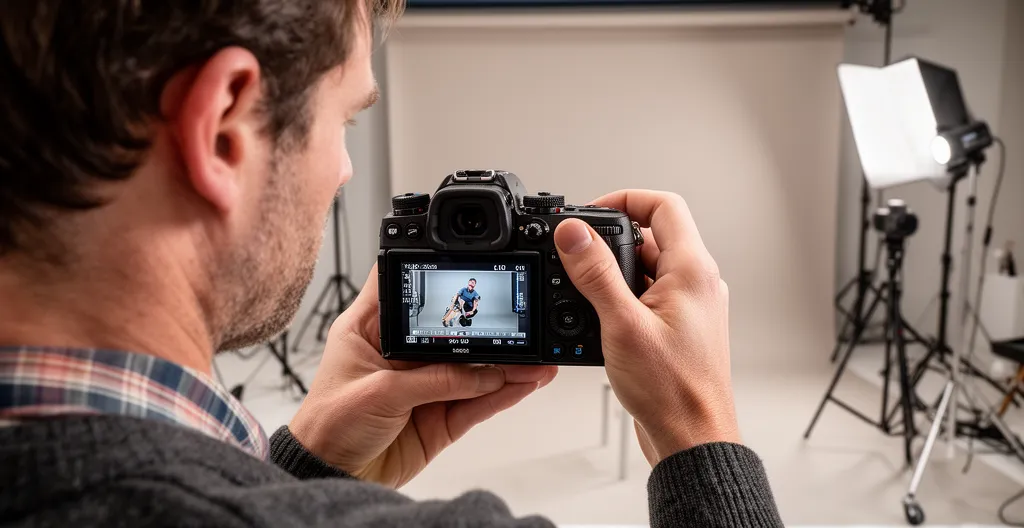 Vidéaste professionnel vérifiant son cadrage sur l'écran LCD de l'appareil