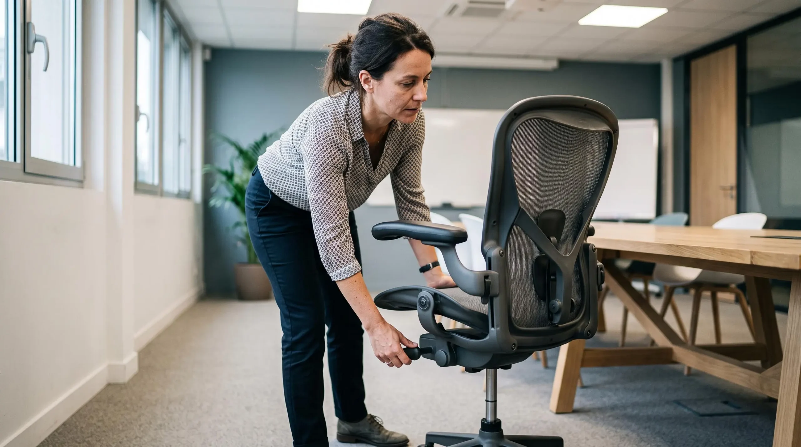 Professionnelle ajustant la hauteur d'une chaise ergonomique dans une salle de réunion