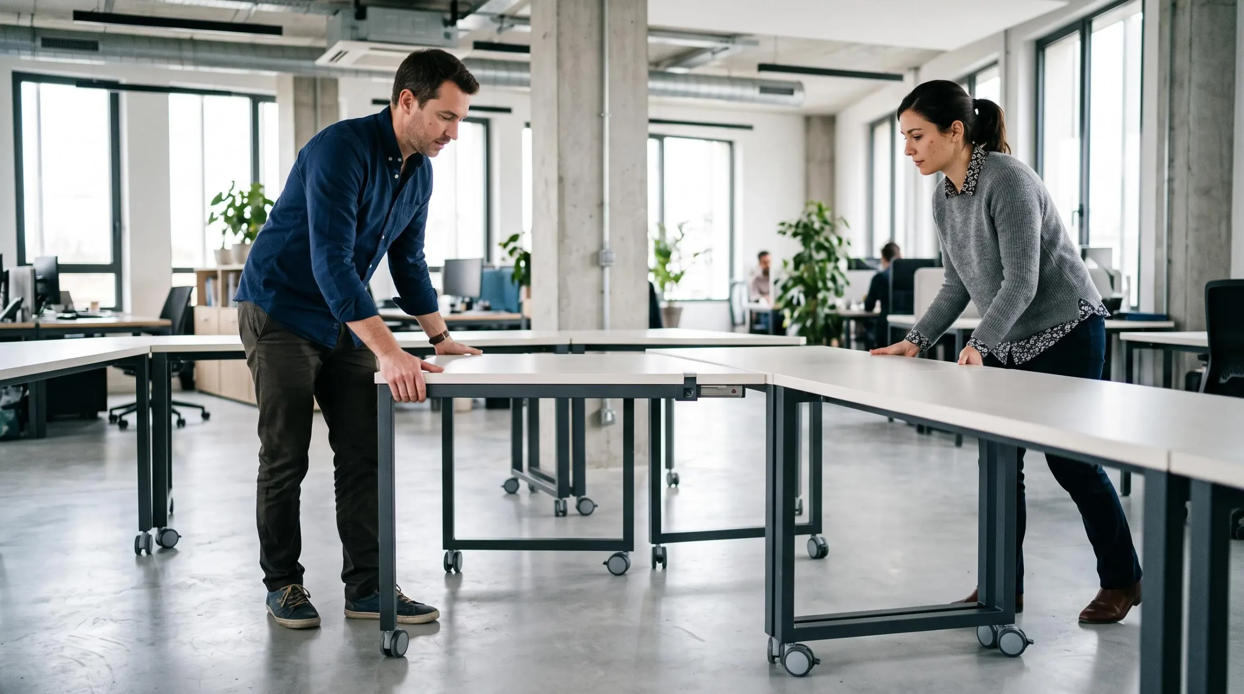 Professionnels réorganisant des tables modulaires à roulettes dans un espace de réunion